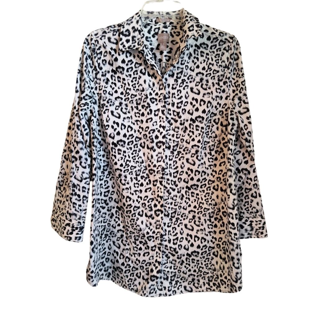 Chico's Long Line Button Down Shirt Size 1/ US 8 Animal Print Roll Tab Sleeve